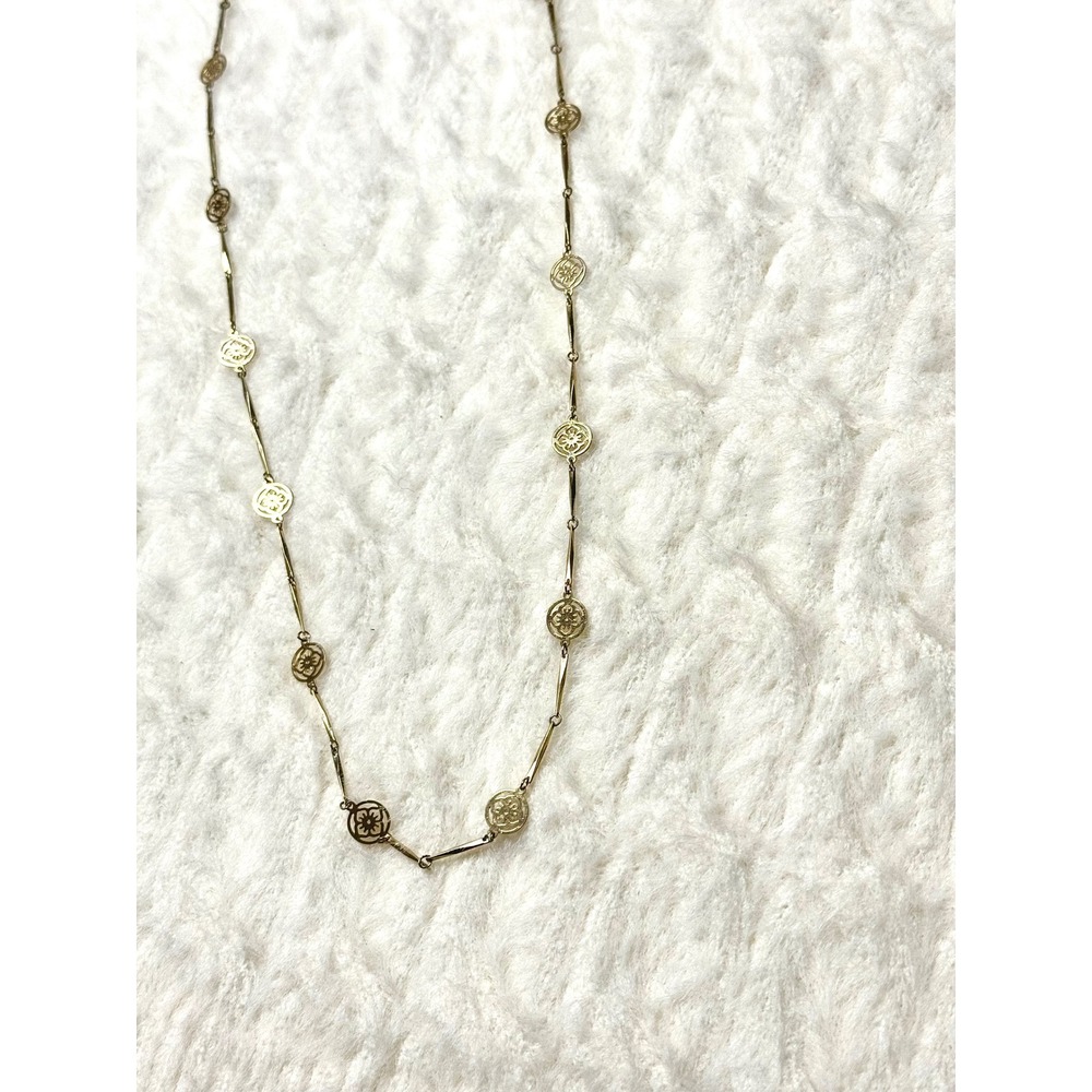 Vintage Gold Tone Filigree Medallion Station Necklace Long Chain